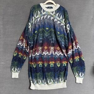 Vintage Fiume Sweater IT 52 Blue Red Geometric Italy Grandpa Cosby 90s‎ 2XL